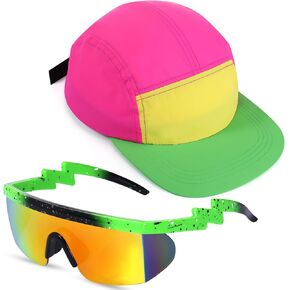 Cindeer 80s Neon Hat Neon Retro Semi Rimless Sunglasses 80s 90s Accessories for Women Men 80s 90s Outfit Neon Hat Sunglasses