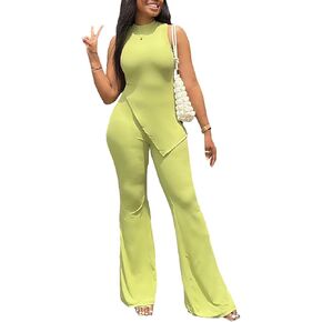 WOKANSE Women's 2 Piece Outfits Solid Color Sleeveless Irregular Top and High Waist Split Flared Long Pants in Kuwait