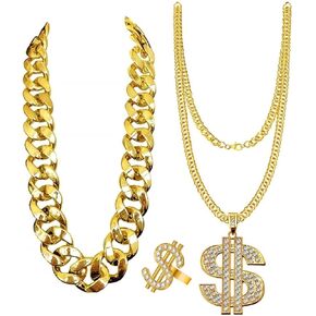 واي دبليو كيو زد واي بي 3 قطع هيب هوب مكتنزة سلسلة ذهبية مزيفة على شكل دولار للرجال والنساء، طقم زي مغني الراب الثمانينيات والتسعينيات، مقاس L, Large, بلاستيك in Kuwait