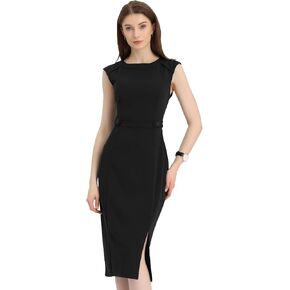 Allegra K Sheath Dress for Women's Sleeveless 2023 Round Neck Slim Fit Split Work Bodycon Pencil Dresses in Kuwait
