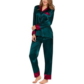 SWOMOG Womens Silk Satin Pajamas Set Long Sleeve Sleepwear Two Pieces Loungewear Set Button-Down Contrast Pjs Set in Kuwait
