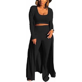 ThusFar Women 3 Piece Outfits Ottoman Rib Open Front Cardigan Cover Up Crop Tank Tops Wide Leg Palazzo Pant Set Jumpsuit