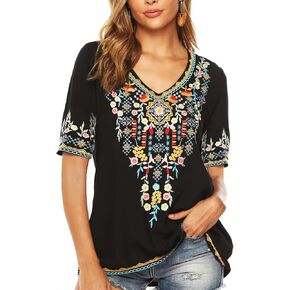 LauraKlein Women’s Mexican Embroidered Tops for Women Boho Blouse for Women Summer Short Sleeve Floral Hippie Shirts Tunics