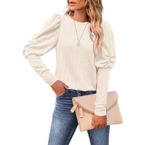 DOROSE Womens Puff Long Sleeve Crewneck Cable Knit Casual Loose Pullover Sweater Tops