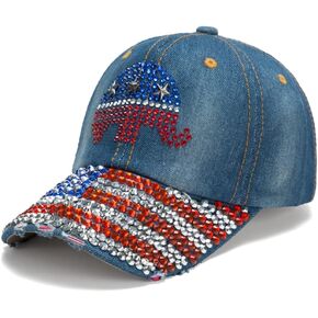 Trump 2024 Baseball Cap Denim Distressed Bling Rhinestone Hat USA Flag Cap Adjustable Unisex
