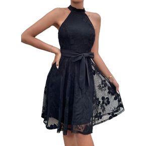 WDIRARA Women's Floral Lace Halter Zipper Back Sleeveless Flared A Line Summer Dress