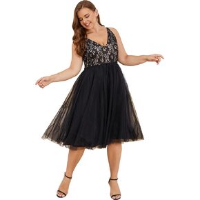 Women Plus Size Floral Lace & Flowy Tulle Tea Length Cocktail Party Dress