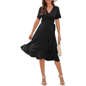 SLOWTOWN Women's Wrap Dress V Neck Short Sleeve Ruffle Hem Midi Dress