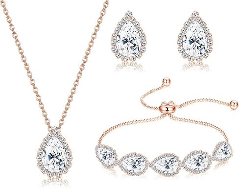 LOYALLOOK Wedding Jewelry for Bride CZ Teardrop Bridesmaid Earrings Bracelets Pendant Rhinestone Necklace Costume Jewelry Wedding Necklace Sets for Women Brides Bridesmaids in Kuwait