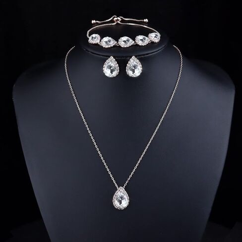 LOYALLOOK Wedding Jewelry for Bride CZ Teardrop Bridesmaid Earrings Bracelets Pendant Rhinestone Necklace Costume Jewelry Wedding Necklace Sets for Women Brides Bridesmaids in Kuwait