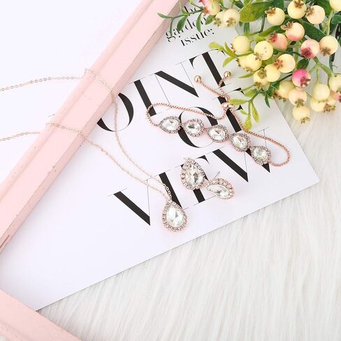 LOYALLOOK Wedding Jewelry for Bride CZ Teardrop Bridesmaid Earrings Bracelets Pendant Rhinestone Necklace Costume Jewelry Wedding Necklace Sets for Women Brides Bridesmaids in Kuwait