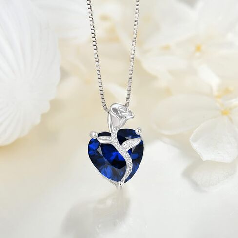 FJ Sterling Silver Rose Flower Heart Necklace for Women, 12 Birth Stone Gemstones Jewelry Set in Kuwait