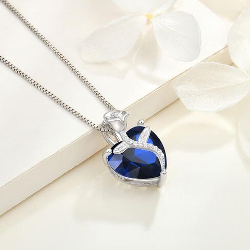 FJ Sterling Silver Rose Flower Heart Necklace for Women, 12 Birth Stone Gemstones Jewelry Set in Kuwait