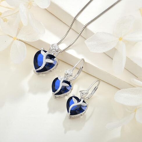 FJ Sterling Silver Rose Flower Heart Necklace for Women, 12 Birth Stone Gemstones Jewelry Set in Kuwait