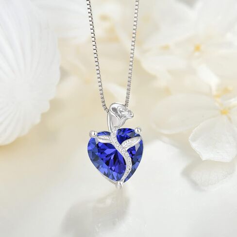 FJ Sterling Silver Rose Flower Heart Necklace for Women, 12 Birth Stone Gemstones Jewelry Set in Kuwait