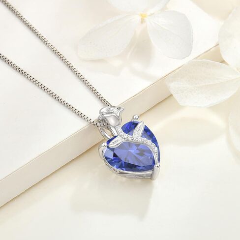 FJ Sterling Silver Rose Flower Heart Necklace for Women, 12 Birth Stone Gemstones Jewelry Set in Kuwait