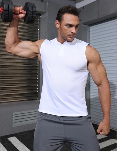 تي شيرت رجالي كاجوال بدون أكمام من Aulemen بمقاس نحيف بدون أكمام وأزرار لأعلى للتمرين في صالة الألعاب الرياضية وكمال الأجسام والعضلات in Kuwait