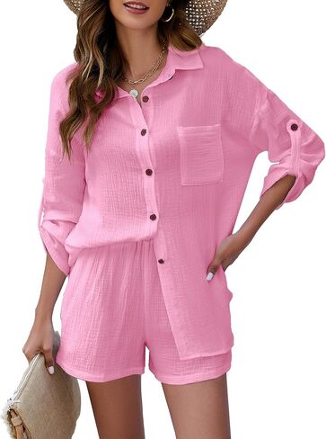 Flygo Women's 2 Piece Outfits Lounge Short Sets Cotton Linen Roll Up Sleeve Button Down Shirt Top Shorts Set in Kuwait