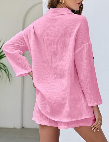 Flygo Women's 2 Piece Outfits Lounge Short Sets Cotton Linen Roll Up Sleeve Button Down Shirt Top Shorts Set in Kuwait