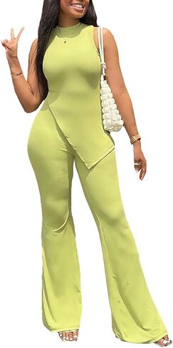 WOKANSE Women's 2 Piece Outfits Solid Color Sleeveless Irregular Top and High Waist Split Flared Long Pants in Kuwait