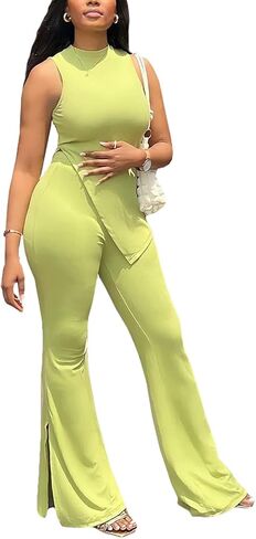 WOKANSE Women's 2 Piece Outfits Solid Color Sleeveless Irregular Top and High Waist Split Flared Long Pants in Kuwait