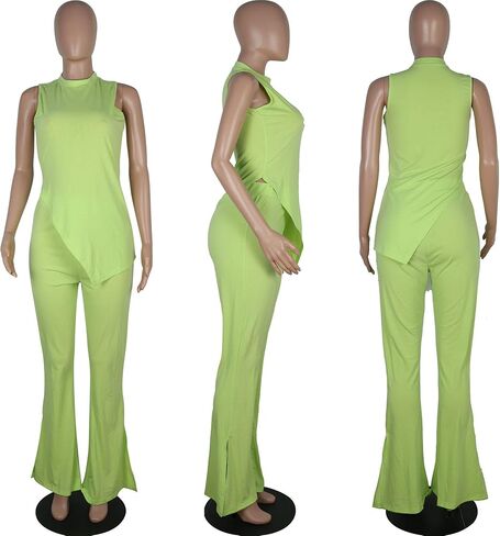 WOKANSE Women's 2 Piece Outfits Solid Color Sleeveless Irregular Top and High Waist Split Flared Long Pants in Kuwait