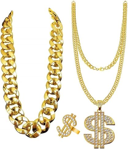 واي دبليو كيو زد واي بي 3 قطع هيب هوب مكتنزة سلسلة ذهبية مزيفة على شكل دولار للرجال والنساء، طقم زي مغني الراب الثمانينيات والتسعينيات، مقاس L, Large, بلاستيك in Kuwait