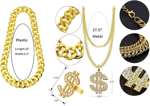 واي دبليو كيو زد واي بي 3 قطع هيب هوب مكتنزة سلسلة ذهبية مزيفة على شكل دولار للرجال والنساء، طقم زي مغني الراب الثمانينيات والتسعينيات، مقاس L, Large, بلاستيك in Kuwait