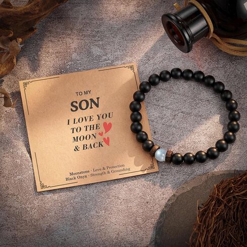 سوار من الحجر الطبيعي من Seyaa مع خرز العقيق الأسود وحجر القمر هدايا للرجال والزوج والرجل والأب والابن - هدية الذكرى السنوية للتخرج وعيد الميلاد وعيد الأب وعيد الميلاد له in Kuwait