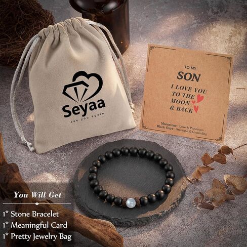 سوار من الحجر الطبيعي من Seyaa مع خرز العقيق الأسود وحجر القمر هدايا للرجال والزوج والرجل والأب والابن - هدية الذكرى السنوية للتخرج وعيد الميلاد وعيد الأب وعيد الميلاد له in Kuwait