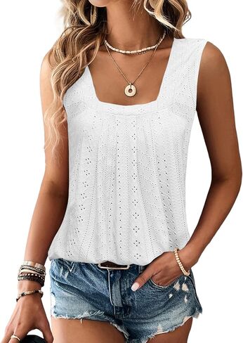 EGRETLAC Women Square Neck Summer Sleeveless Tank Tops, Cute Babydoll Tops Fashion Eyelet Tunic Curved Hem Shirts Blouses White in Kuwait