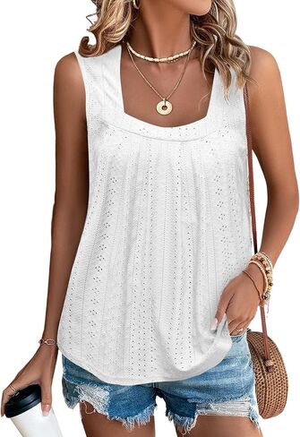 EGRETLAC Women Square Neck Summer Sleeveless Tank Tops, Cute Babydoll Tops Fashion Eyelet Tunic Curved Hem Shirts Blouses White in Kuwait