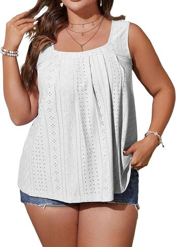EGRETLAC Women Square Neck Summer Sleeveless Tank Tops, Cute Babydoll Tops Fashion Eyelet Tunic Curved Hem Shirts Blouses White in Kuwait