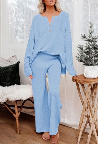 أطقم صالة نسائية مكونة من قطعتين من TOLENY ملابس علوية محبوكة بأزرار سفلية وسراويل واسعة الساق in Kuwait