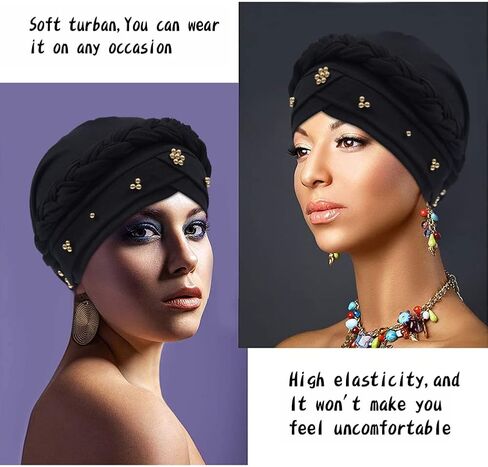 African Women Turban Cap Twisted Beaded Braid Head Wraps Pre-Tied Chemo Headscarf for Cancer Hair Cover Hats in Kuwait