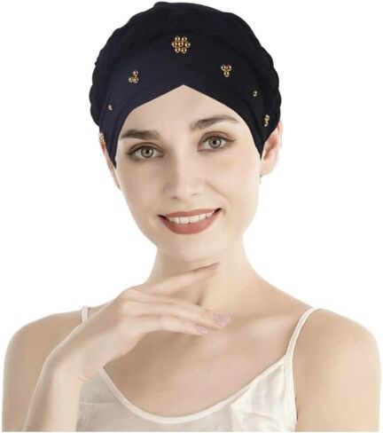 African Women Turban Cap Twisted Beaded Braid Head Wraps Pre-Tied Chemo Headscarf for Cancer Hair Cover Hats in Kuwait