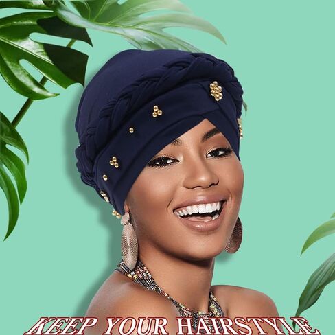 African Women Turban Cap Twisted Beaded Braid Head Wraps Pre-Tied Chemo Headscarf for Cancer Hair Cover Hats in Kuwait