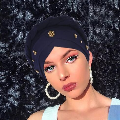 African Women Turban Cap Twisted Beaded Braid Head Wraps Pre-Tied Chemo Headscarf for Cancer Hair Cover Hats in Kuwait