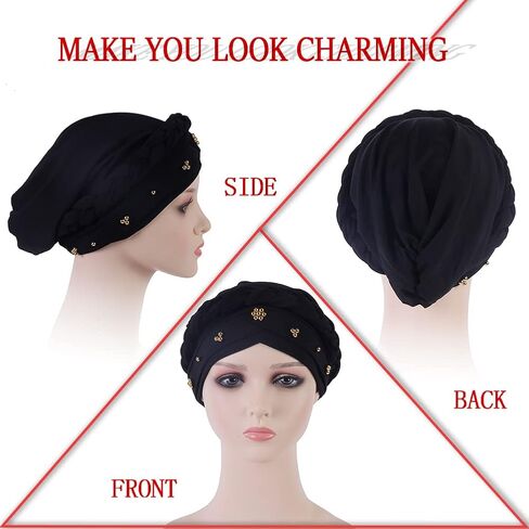 African Women Turban Cap Twisted Beaded Braid Head Wraps Pre-Tied Chemo Headscarf for Cancer Hair Cover Hats in Kuwait