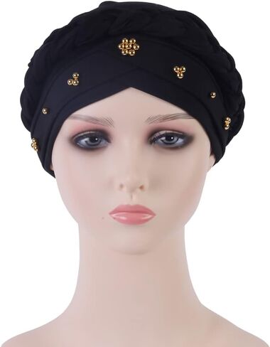 African Women Turban Cap Twisted Beaded Braid Head Wraps Pre-Tied Chemo Headscarf for Cancer Hair Cover Hats in Kuwait