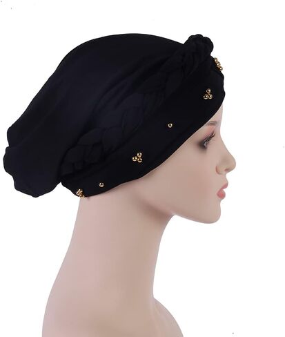 African Women Turban Cap Twisted Beaded Braid Head Wraps Pre-Tied Chemo Headscarf for Cancer Hair Cover Hats in Kuwait