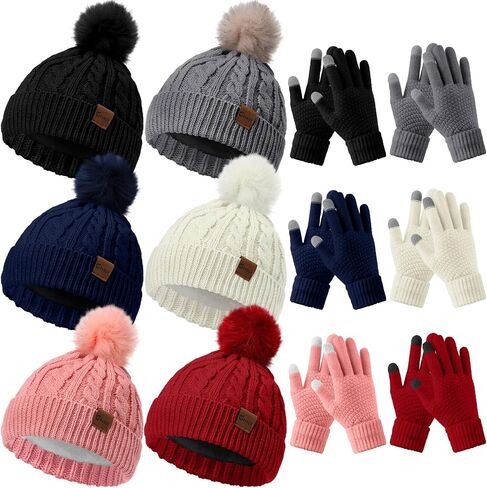 Geyoga 12 Pcs Winter Knitted Beanie Hat Glove Set Touchscreen Gloves Soft Warm Skull Cap with Pom Pom for Women Men Outdoor in Saudi Arabia