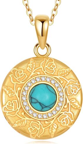 BETHZA Locket Necklace for Women 925 Sterling Silver Gold Plated Natural Turquoise Round Shape Locket That Holds 2 Pictures Photo Pendant Jewelry Gifts for Wife Girlfriend Her in Saudi Arabia