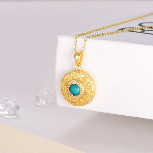 BETHZA Locket Necklace for Women 925 Sterling Silver Gold Plated Natural Turquoise Round Shape Locket That Holds 2 Pictures Photo Pendant Jewelry Gifts for Wife Girlfriend Her in Saudi Arabia