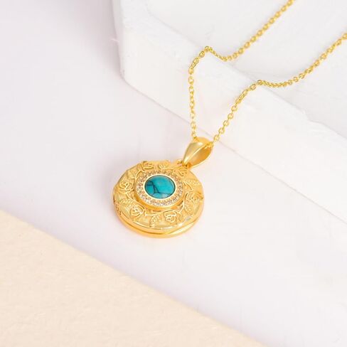 BETHZA Locket Necklace for Women 925 Sterling Silver Gold Plated Natural Turquoise Round Shape Locket That Holds 2 Pictures Photo Pendant Jewelry Gifts for Wife Girlfriend Her in Saudi Arabia