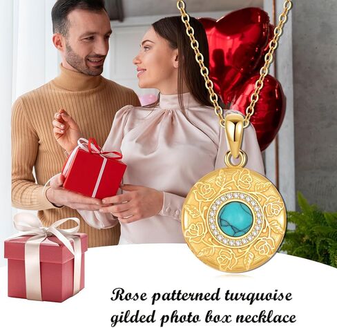 BETHZA Locket Necklace for Women 925 Sterling Silver Gold Plated Natural Turquoise Round Shape Locket That Holds 2 Pictures Photo Pendant Jewelry Gifts for Wife Girlfriend Her in Saudi Arabia