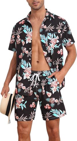 Nonwe الرجال قميص هاواي صيفي وبطانة ضغط مجموعة قصيرة عادية 2 قطعة زر أسفل قصيرة الأكمام عطلة الشاطئ وتتسابق in Kuwait
