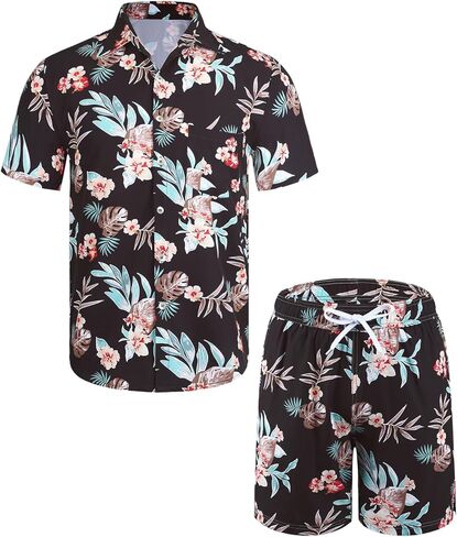 Nonwe الرجال قميص هاواي صيفي وبطانة ضغط مجموعة قصيرة عادية 2 قطعة زر أسفل قصيرة الأكمام عطلة الشاطئ وتتسابق in Kuwait
