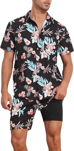 Nonwe الرجال قميص هاواي صيفي وبطانة ضغط مجموعة قصيرة عادية 2 قطعة زر أسفل قصيرة الأكمام عطلة الشاطئ وتتسابق in Kuwait