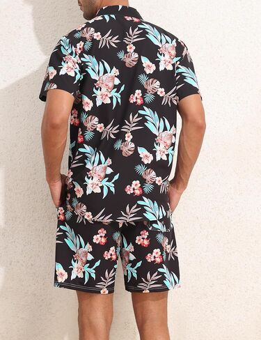Nonwe الرجال قميص هاواي صيفي وبطانة ضغط مجموعة قصيرة عادية 2 قطعة زر أسفل قصيرة الأكمام عطلة الشاطئ وتتسابق in Kuwait